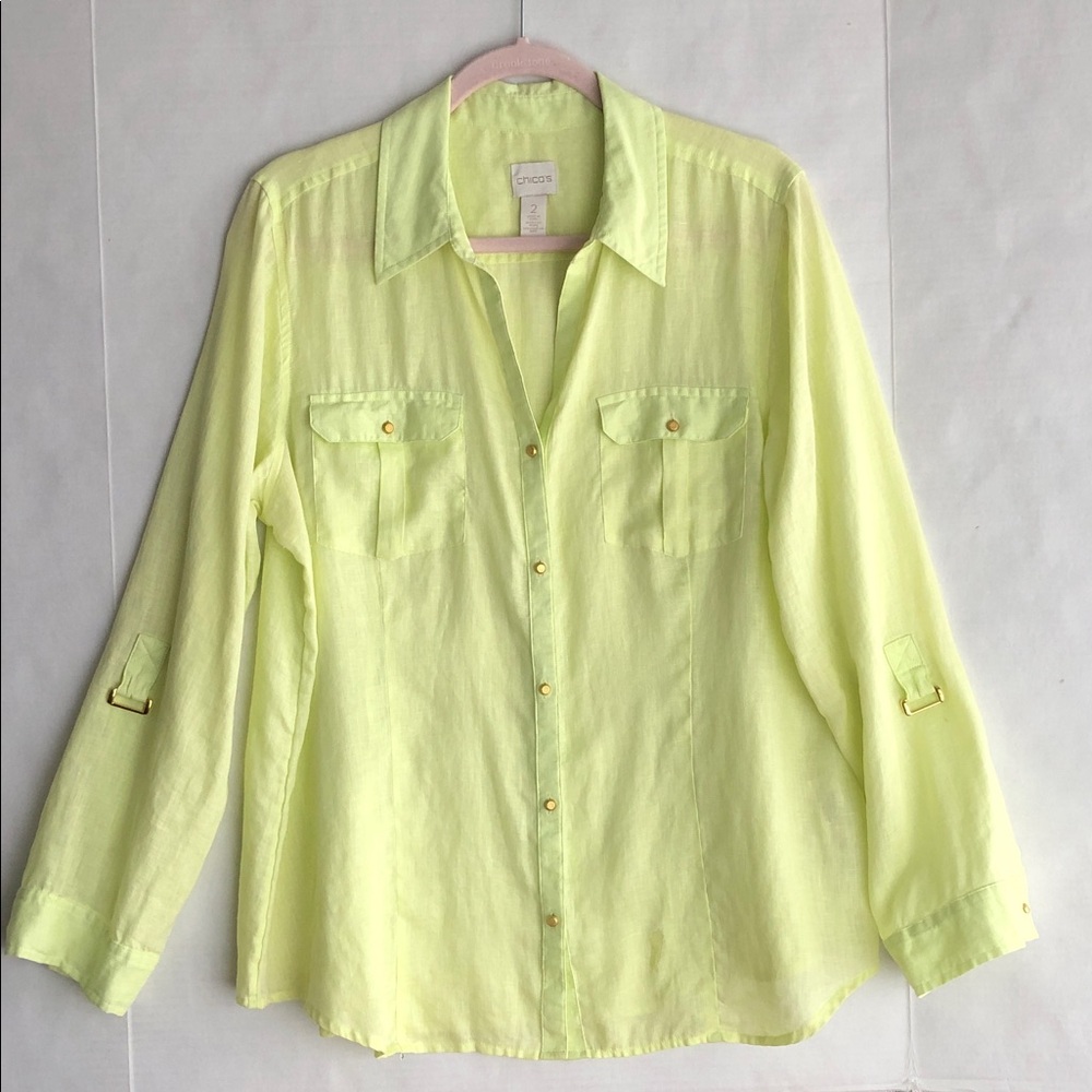 Chico’s Linen Chartreuse Yellow Button-up Roll Sleeve Blouse size Chico’s 2